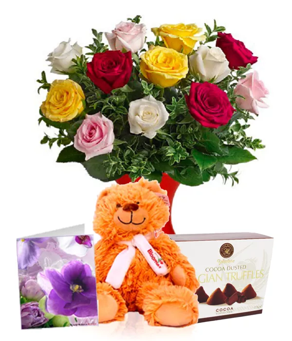 Dozen Assorted Roses, Truffles, Card & Teddy